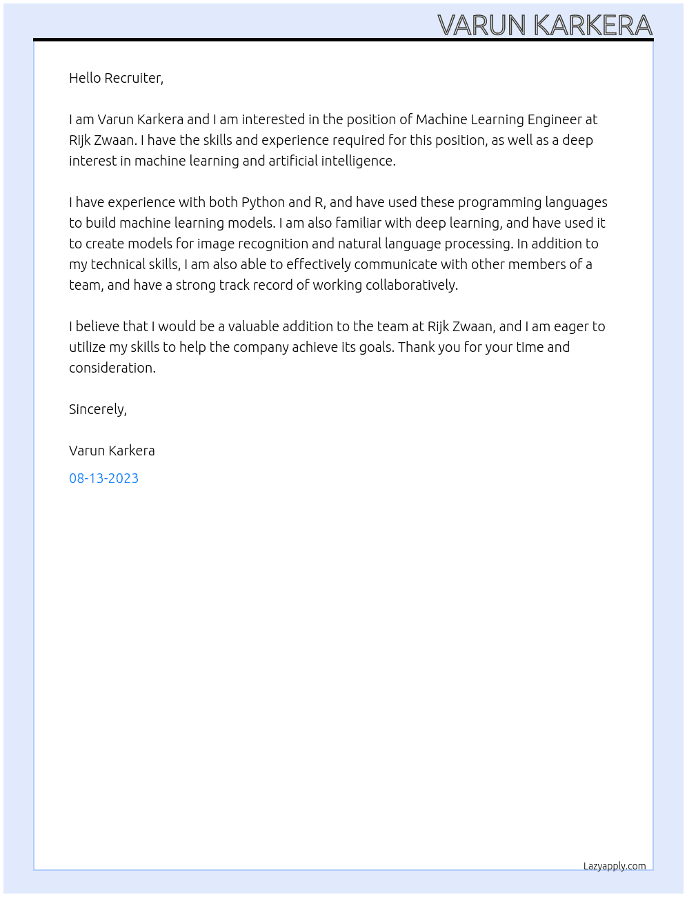 Machine Learning Engineer At Rijk Zwaan Cover Letter
