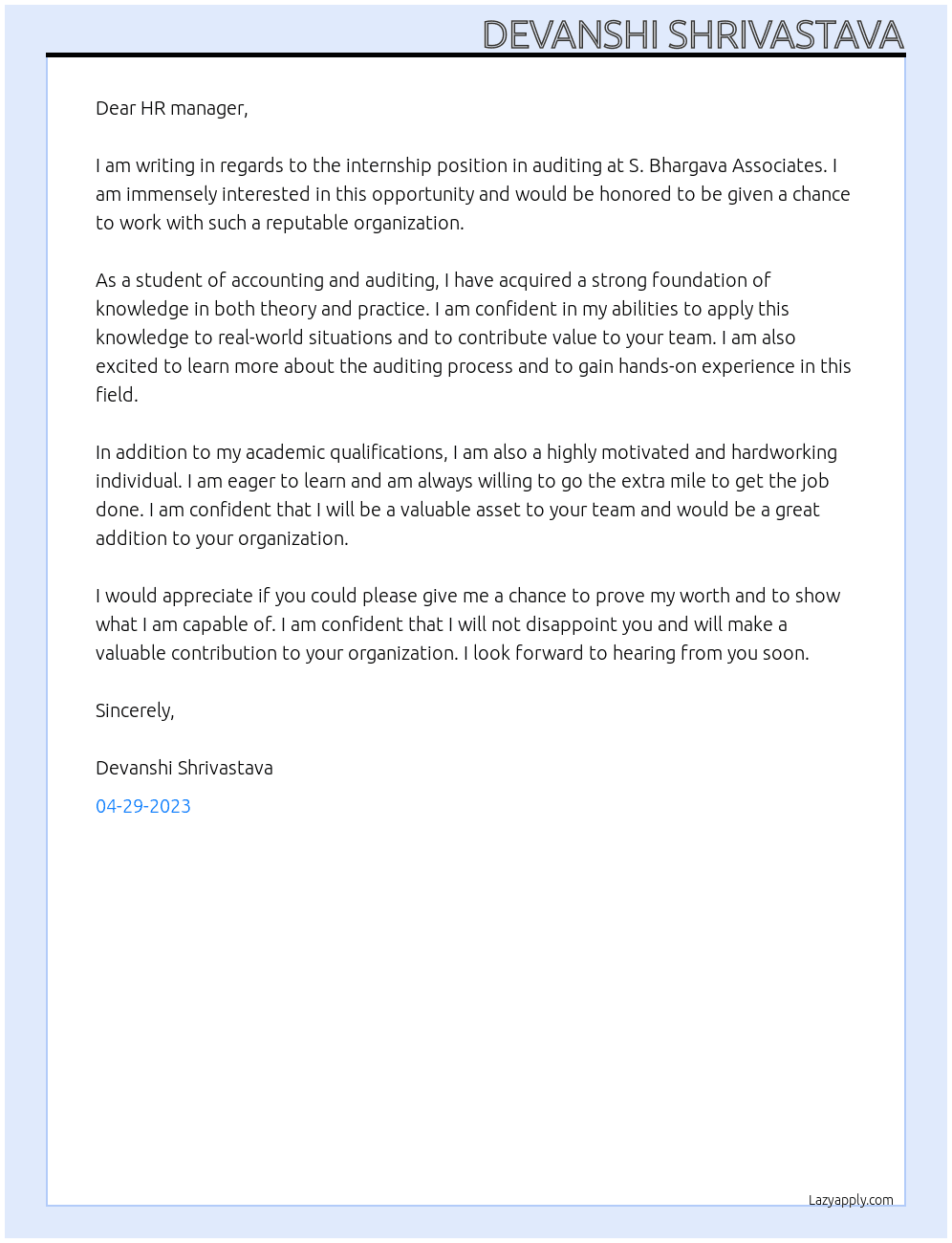 internship in auditing At S. Bhargava Assosiates Cover Letter