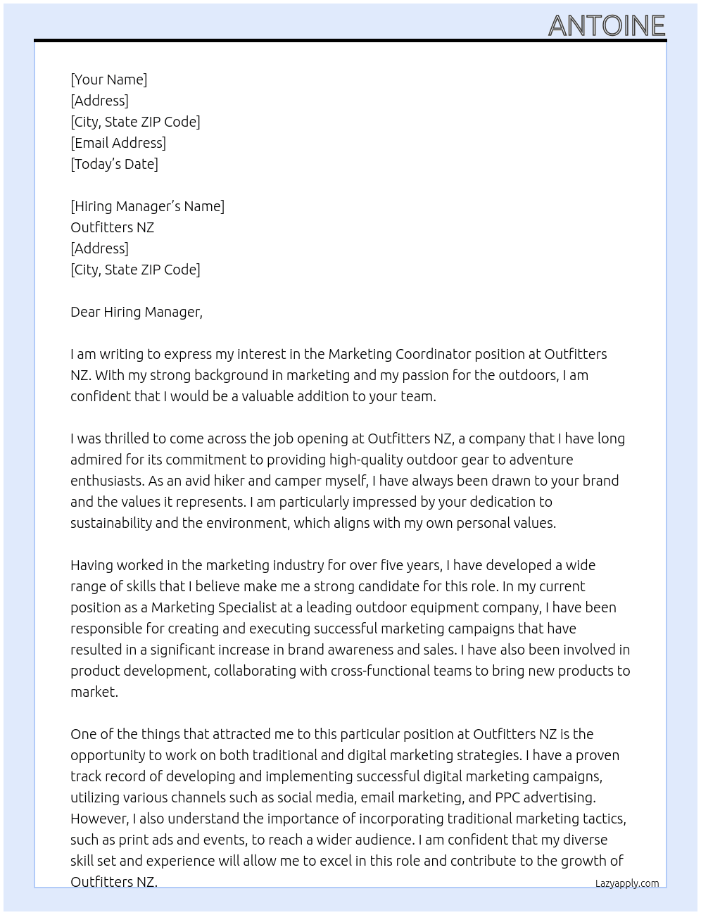 Marketing Coordinator At Outfitters NZ Cover Letter