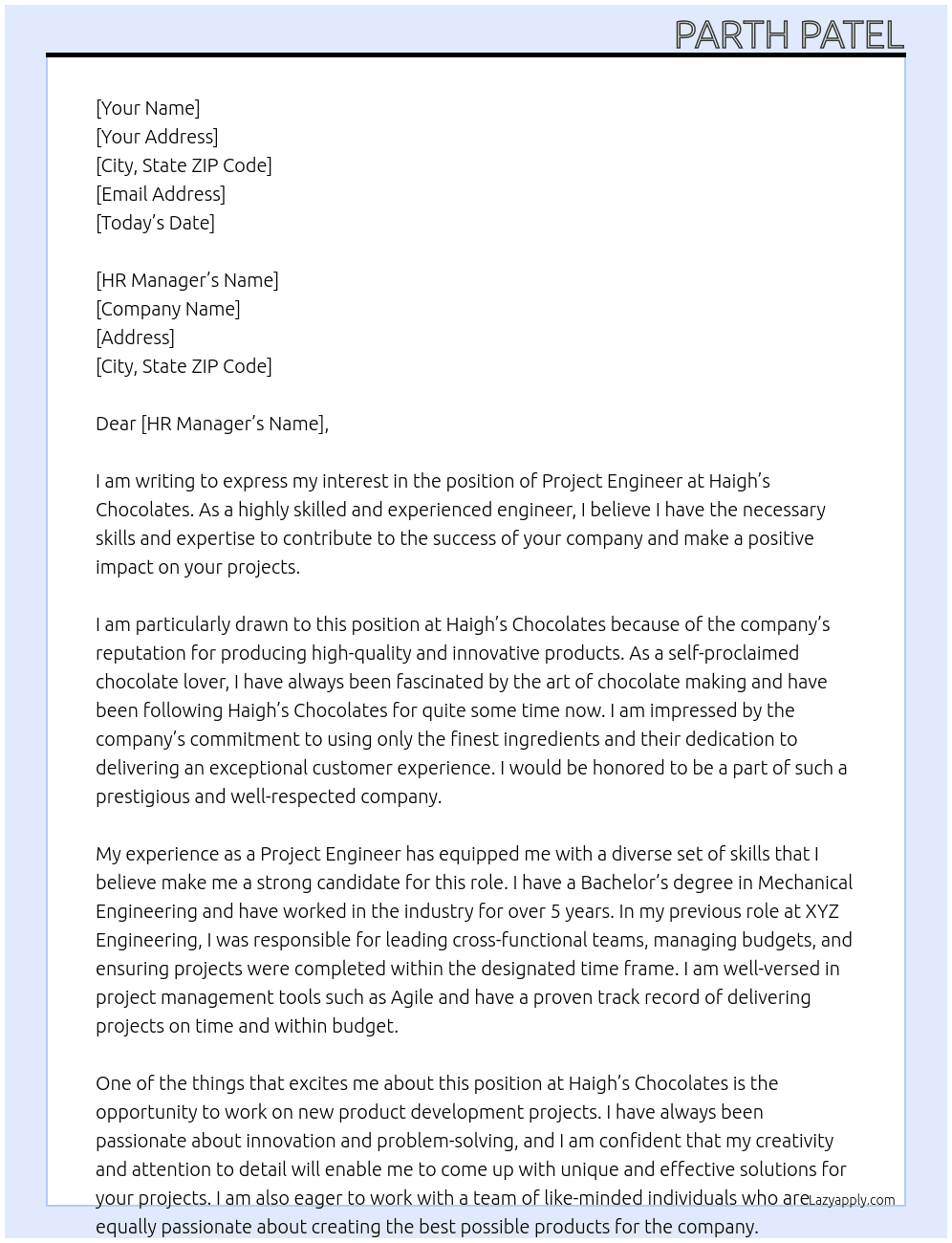 Project Engineer At Haigh's Chocolates Cover Letter