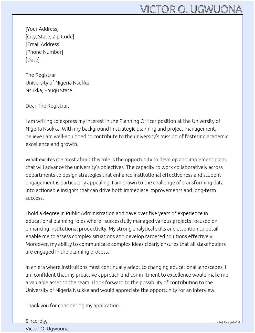 Planning Officer At University of Nigeria Nsukka Cover Letter