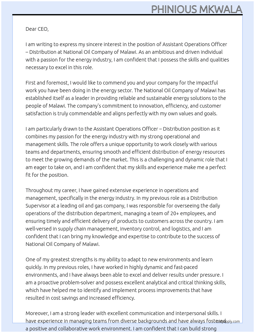 ASSISTANT OPERATIONS OFFICER – DISTRIBUTION  At national oil company of malawi Cover Letter