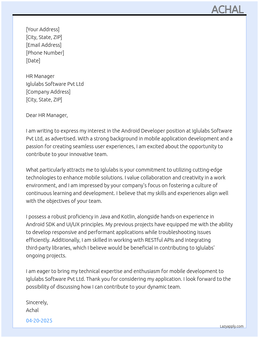 Android Developer At Iglulabs Software Pvt Ltd Cover Letter