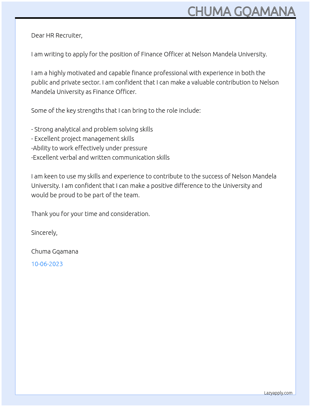 Finance Officer  At Nelson Mandela University Cover Letter