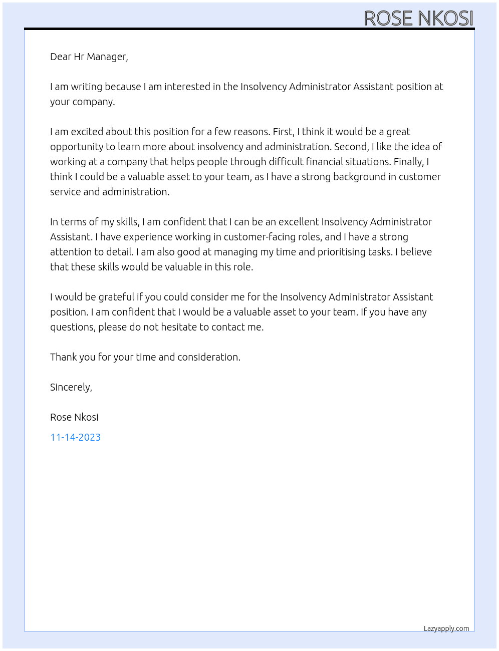 Insolvency Administrator Assistant At insolvency firm in Central London Cover Letter