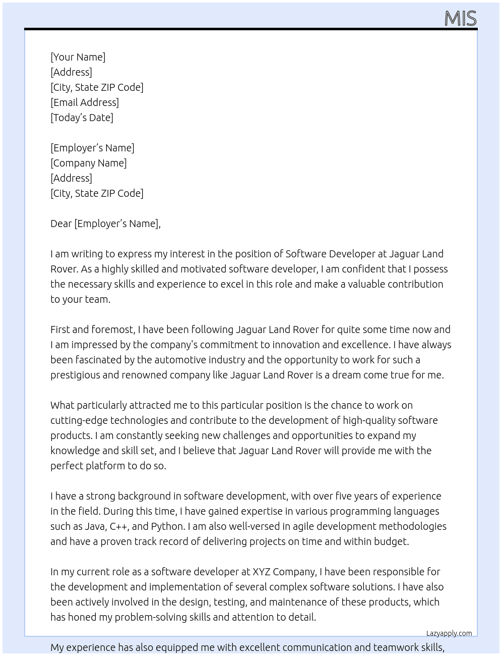 Software Developer At Jaguar Land Rover Cover Letter