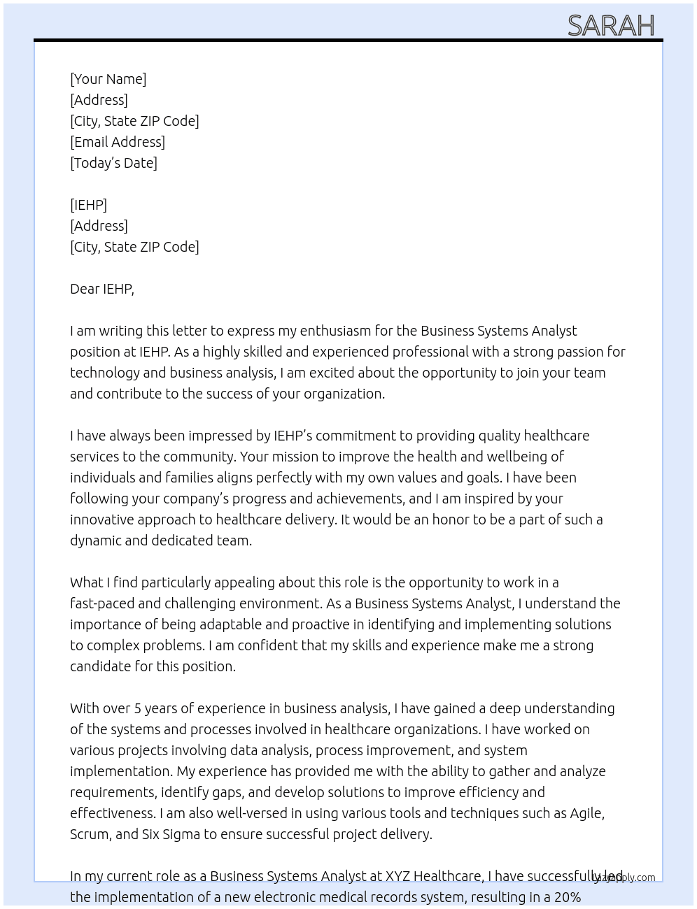 Business Systems Analyst At IEHP Cover Letter