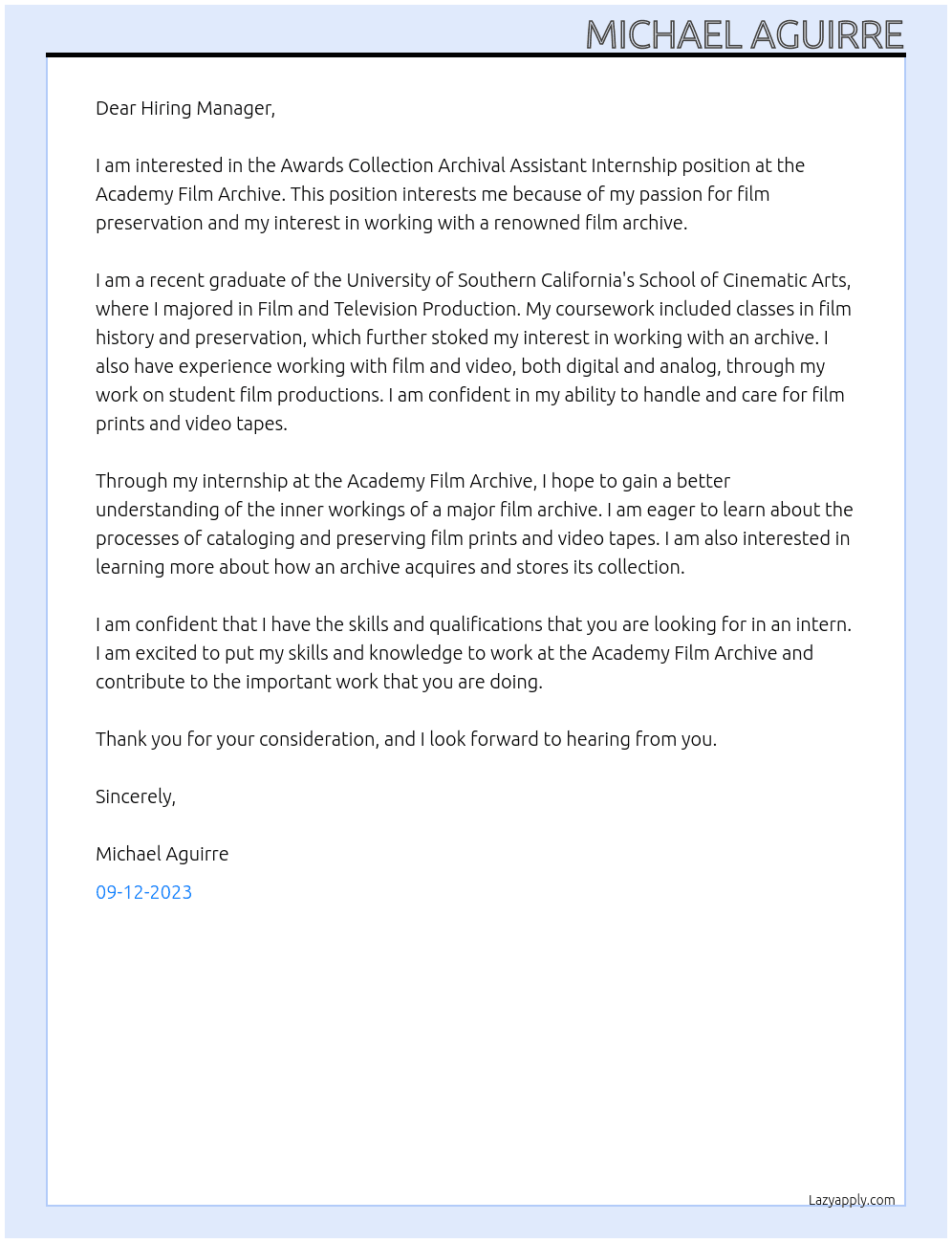 Awards Collection Archival Assistant Internship At Academy Film Archive Cover Letter