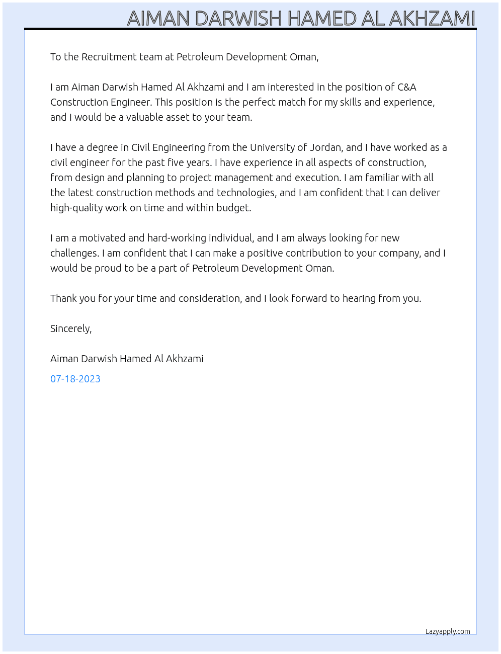 C&A Construction Engineer At Petroleum Development Oman Cover Letter