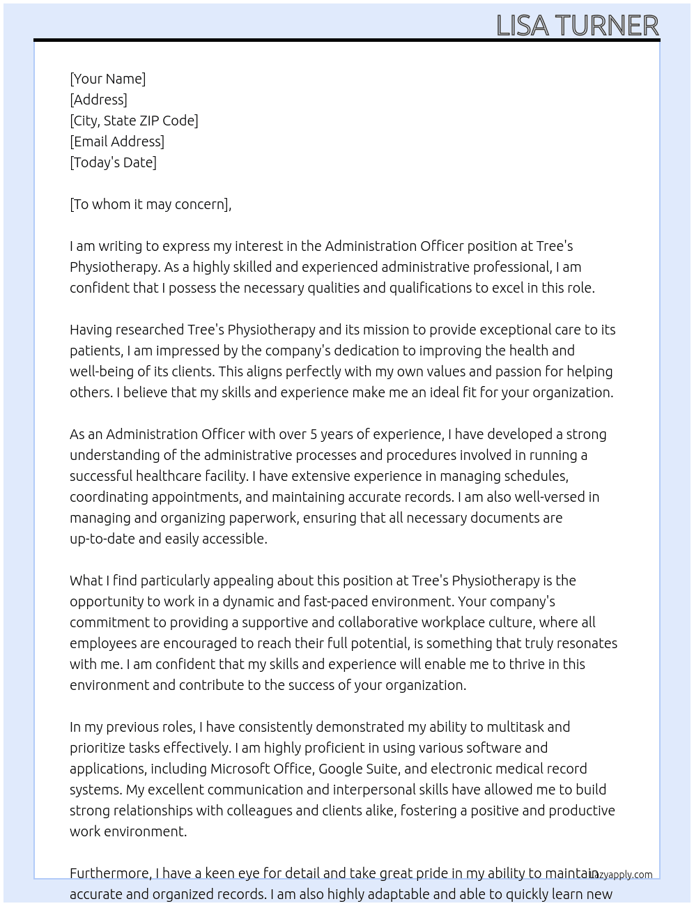 Administration Officer At Tree's Physiotherapy Cover Letter