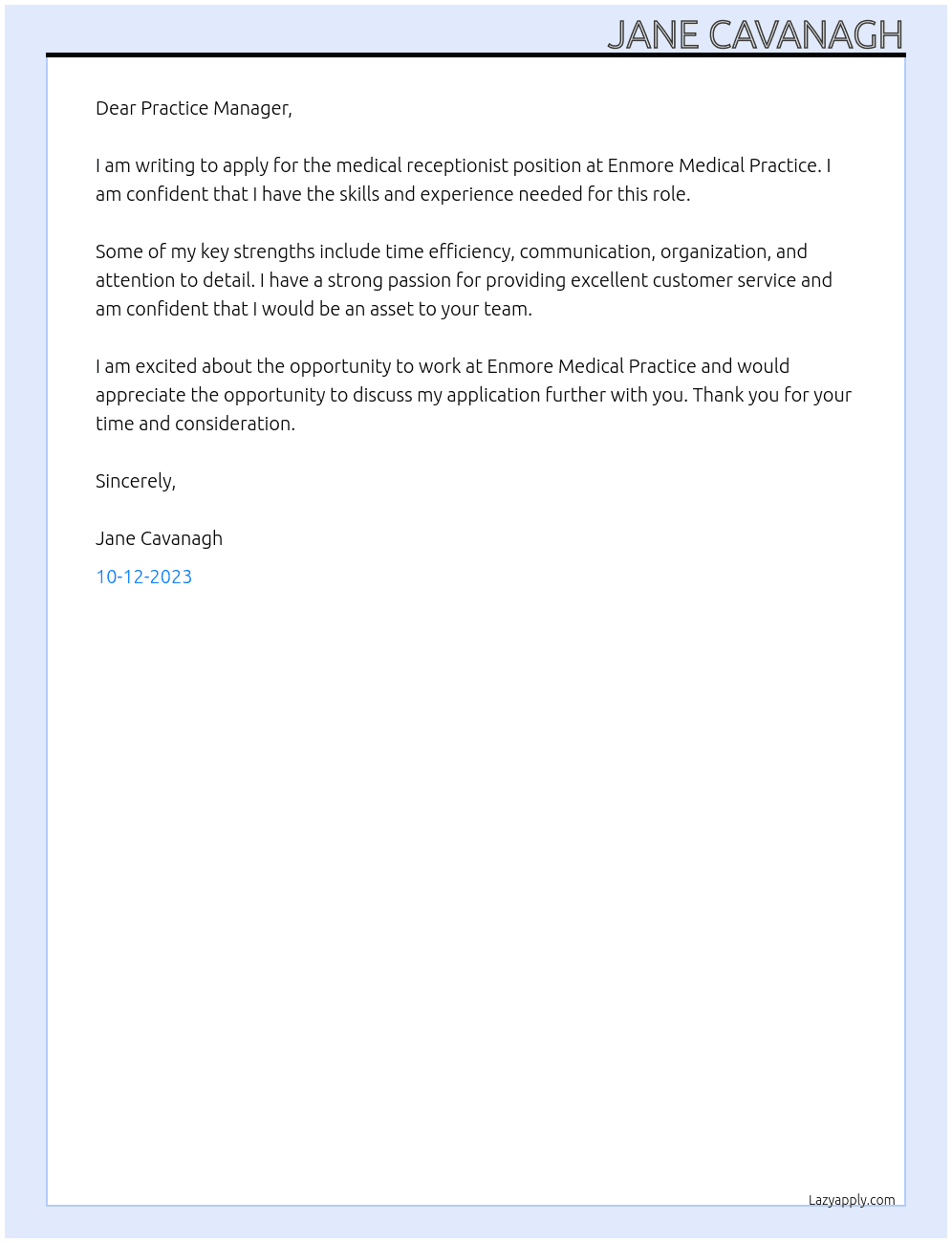 medical receptionist At Enmore medical Practice  Cover Letter
