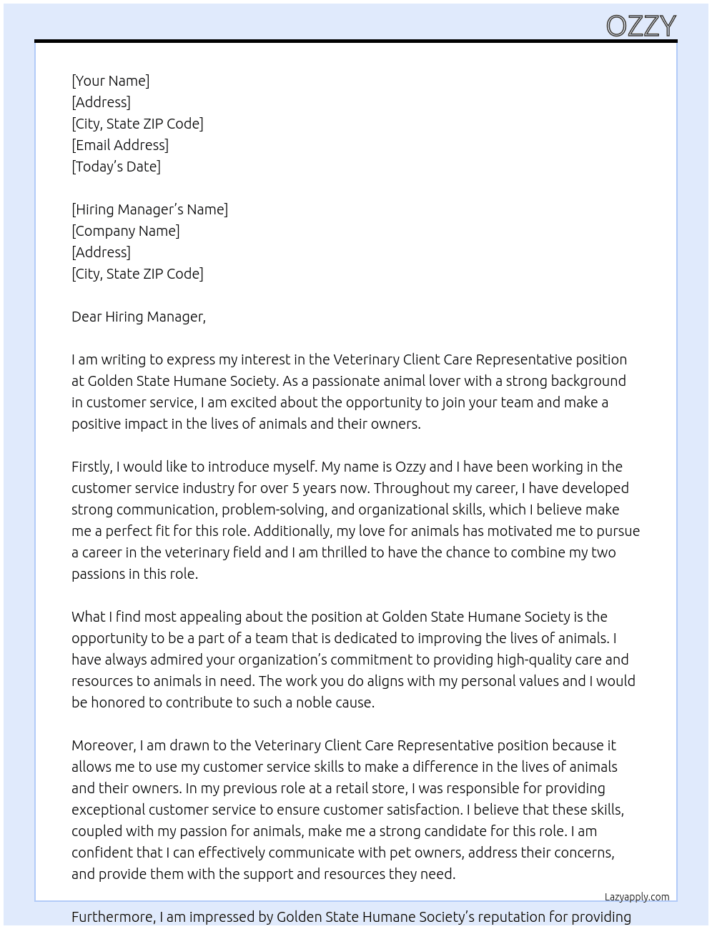 Cover letter for veterinary client care representative - LazyApply