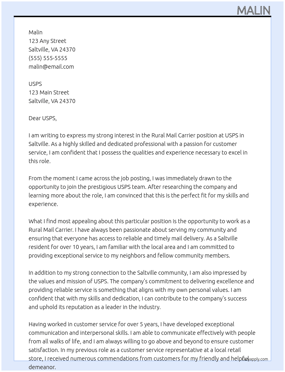 Rural mail carrier At USPS Cover Letter