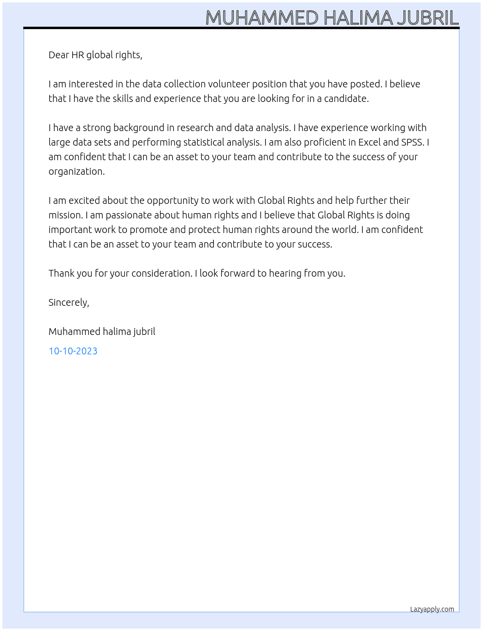 Data collection voluteer At Global rights Cover Letter