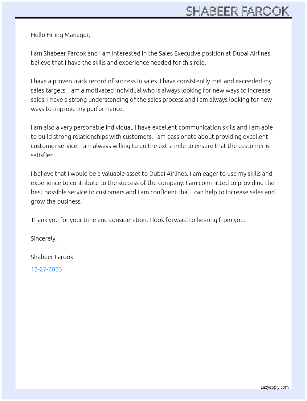 Sales Executive  At Dubai Airlines Cover Letter