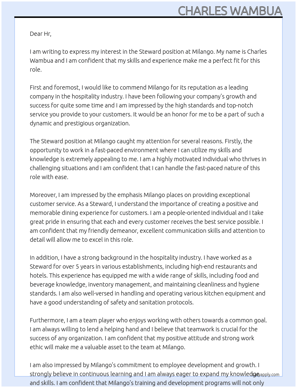 Steward  At Milango Cover Letter