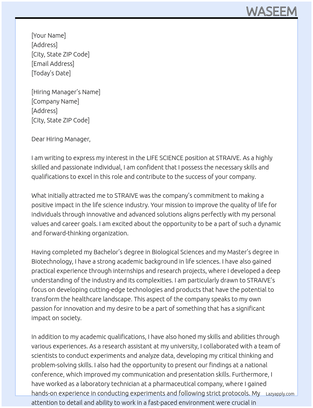 LIFE SCIENCE  At STRAIVE Cover Letter