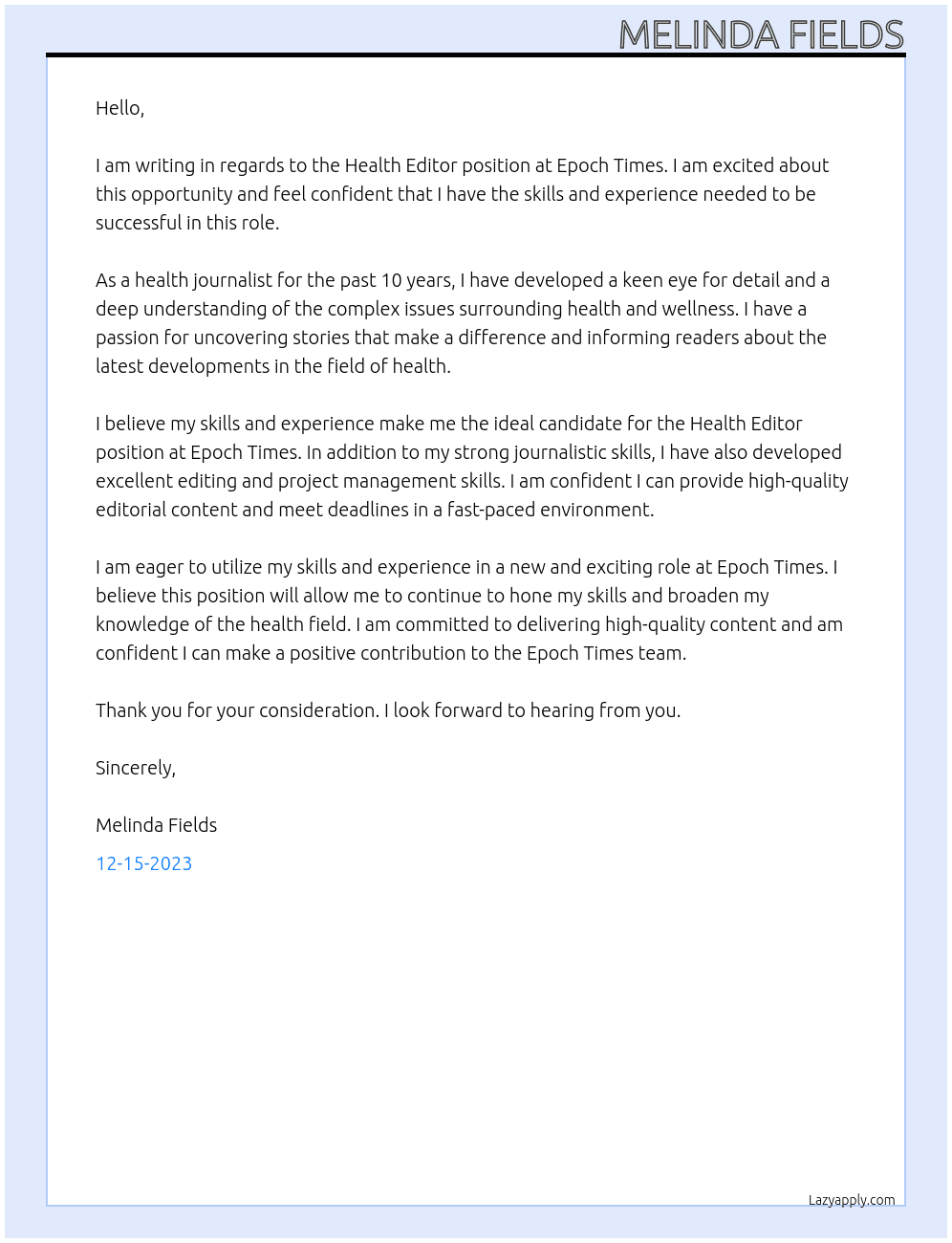 Health editor  At Epoch Times  Cover Letter
