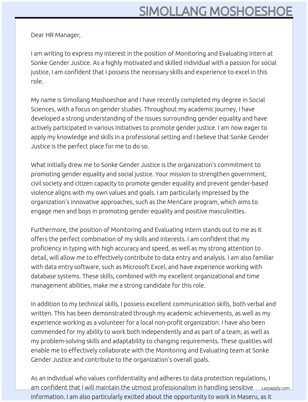 Monitoring and evaluating  At Sonke gender Justice  Cover Letter