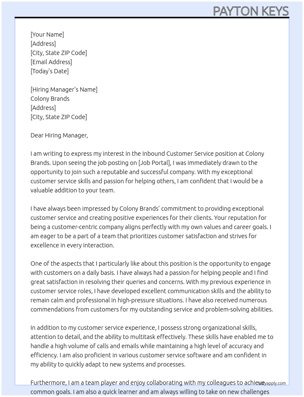 Inbound Customer Service At colony brands Cover Letter