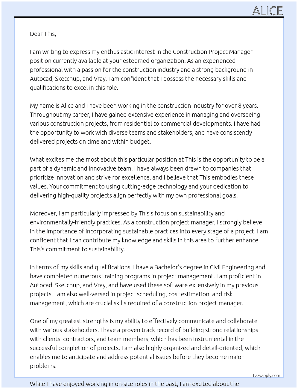 Construction project manager  At This Cover Letter