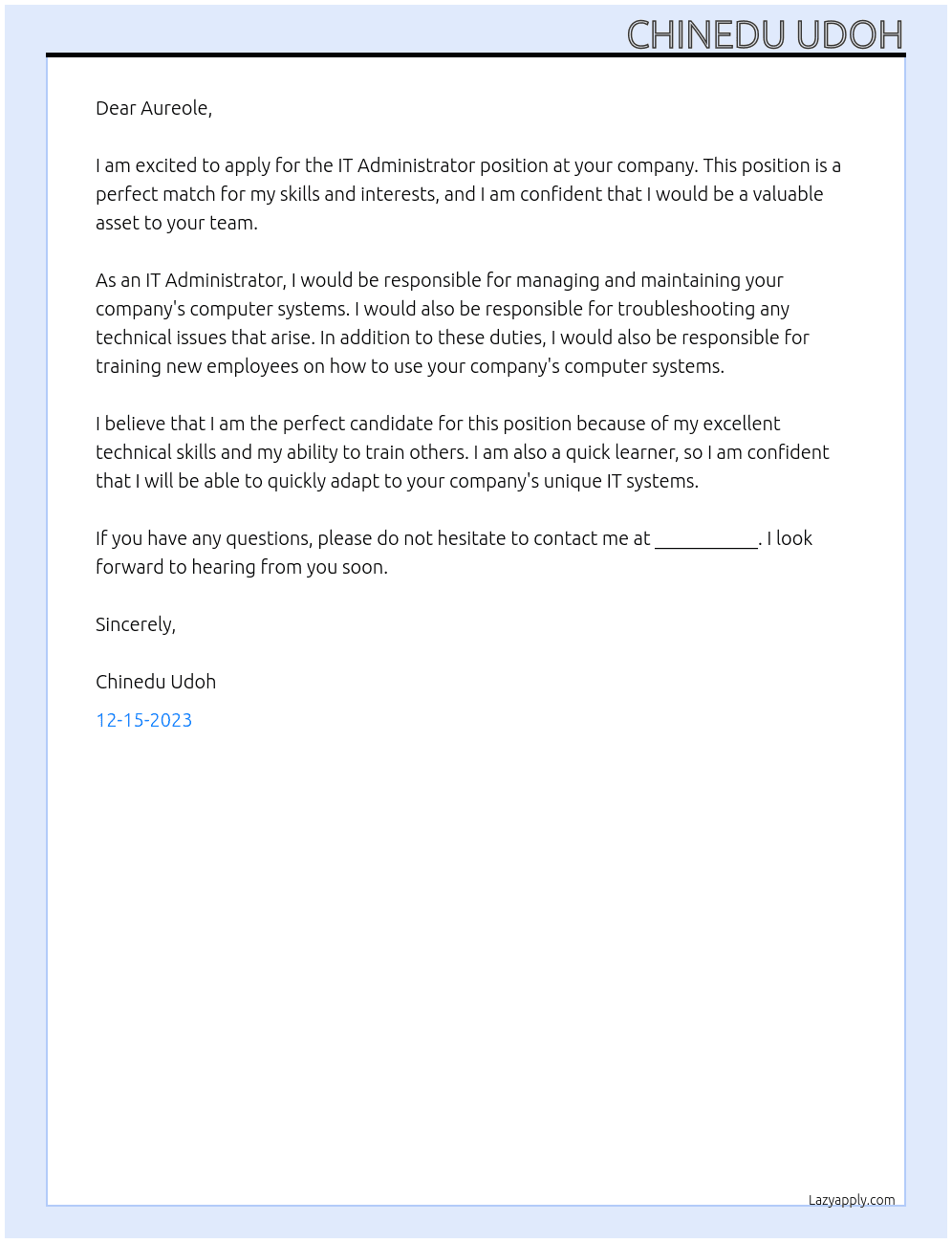 IT Administrator  At Aureole Cover Letter