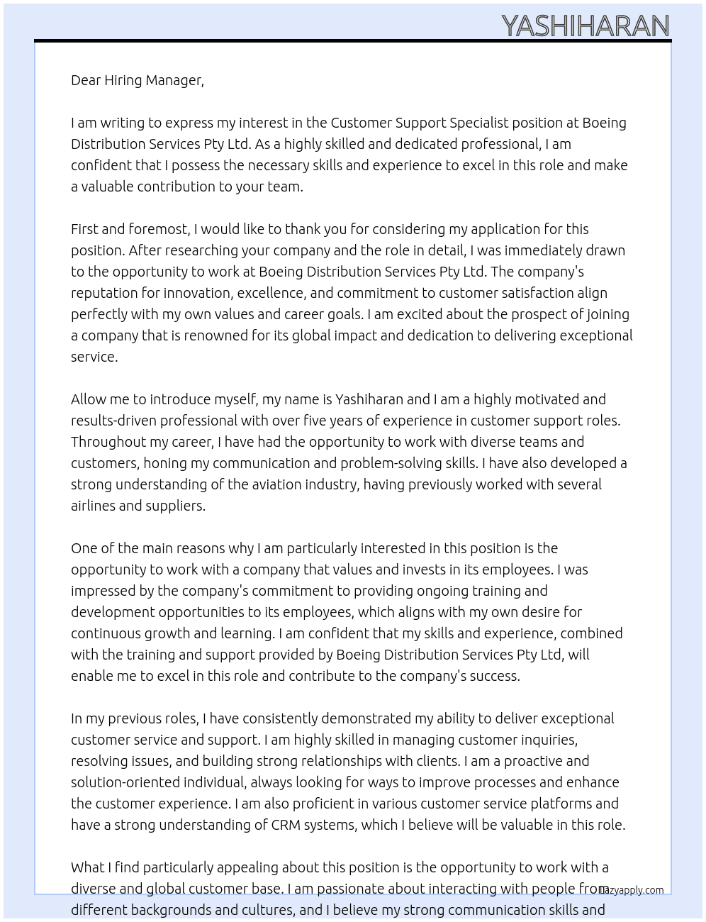 Customer Support Specialist At Boeing Distribution Services Pty Ltd Cover Letter