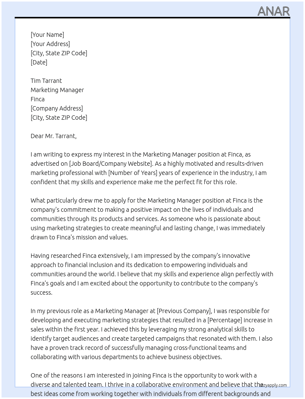 Marketing Manager At Finca Cover Letter