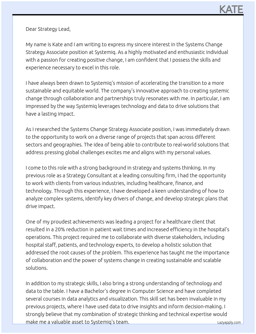 Systems Change Strategy Associate At Systemiq Cover Letter