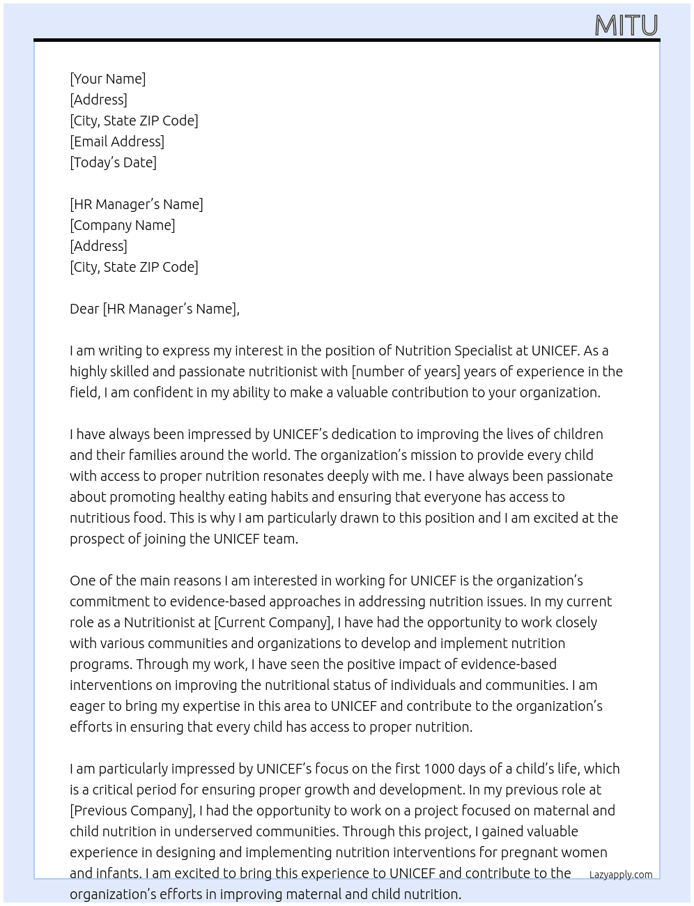 nutrition specialist At unicef Cover Letter