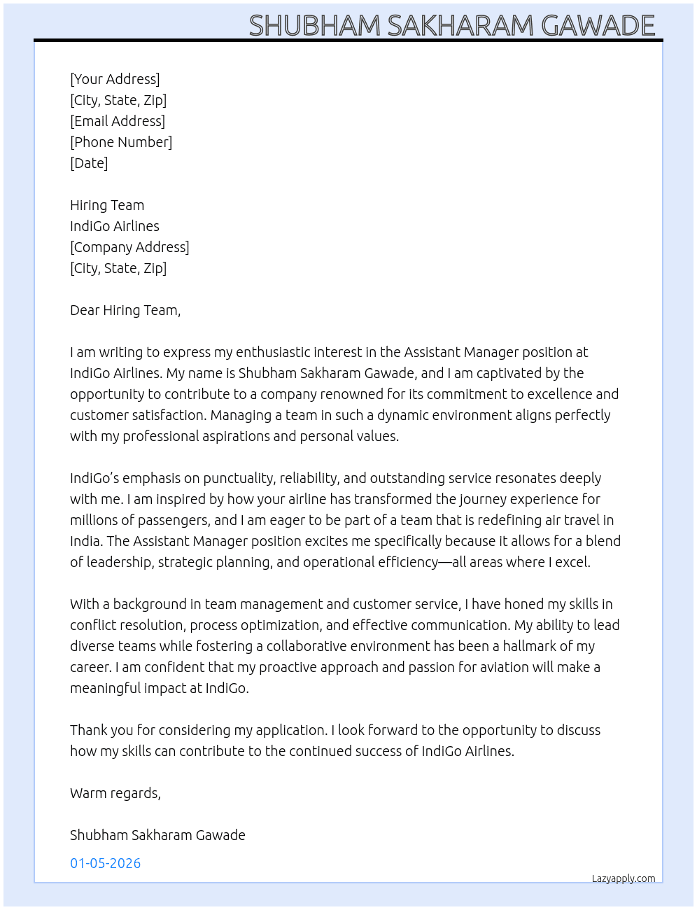 Cover letter for assistant manager. indigo airline - LazyApply