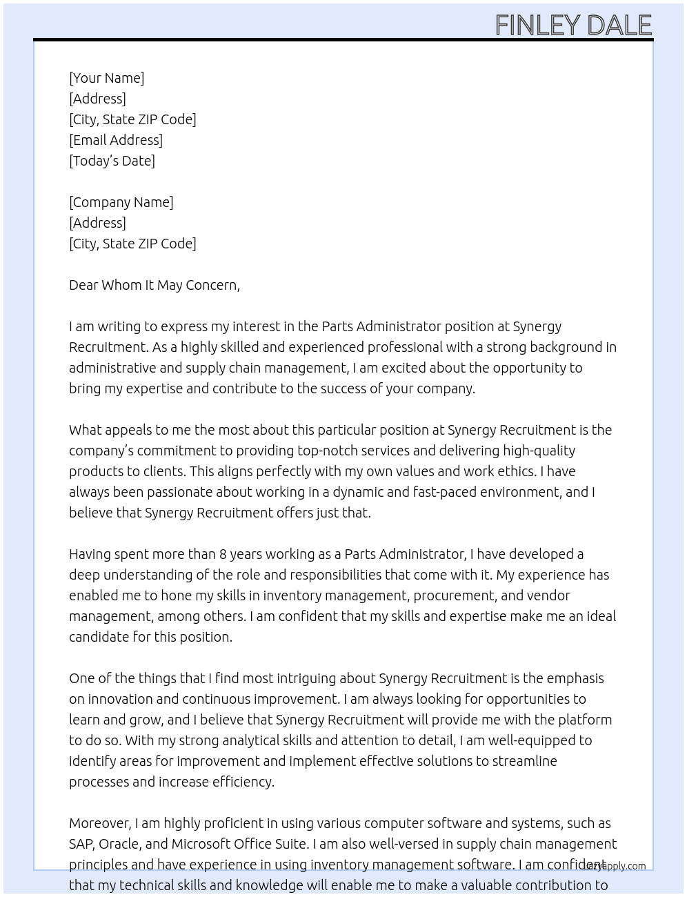 Parts Administrator At Synergy Recruitment Cover Letter