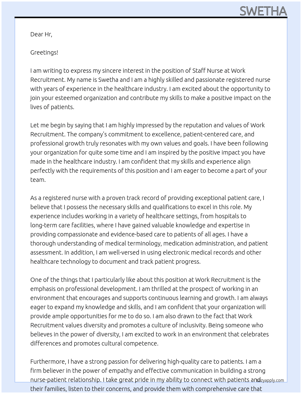 Staff nurse  At Work recruitment  Cover Letter
