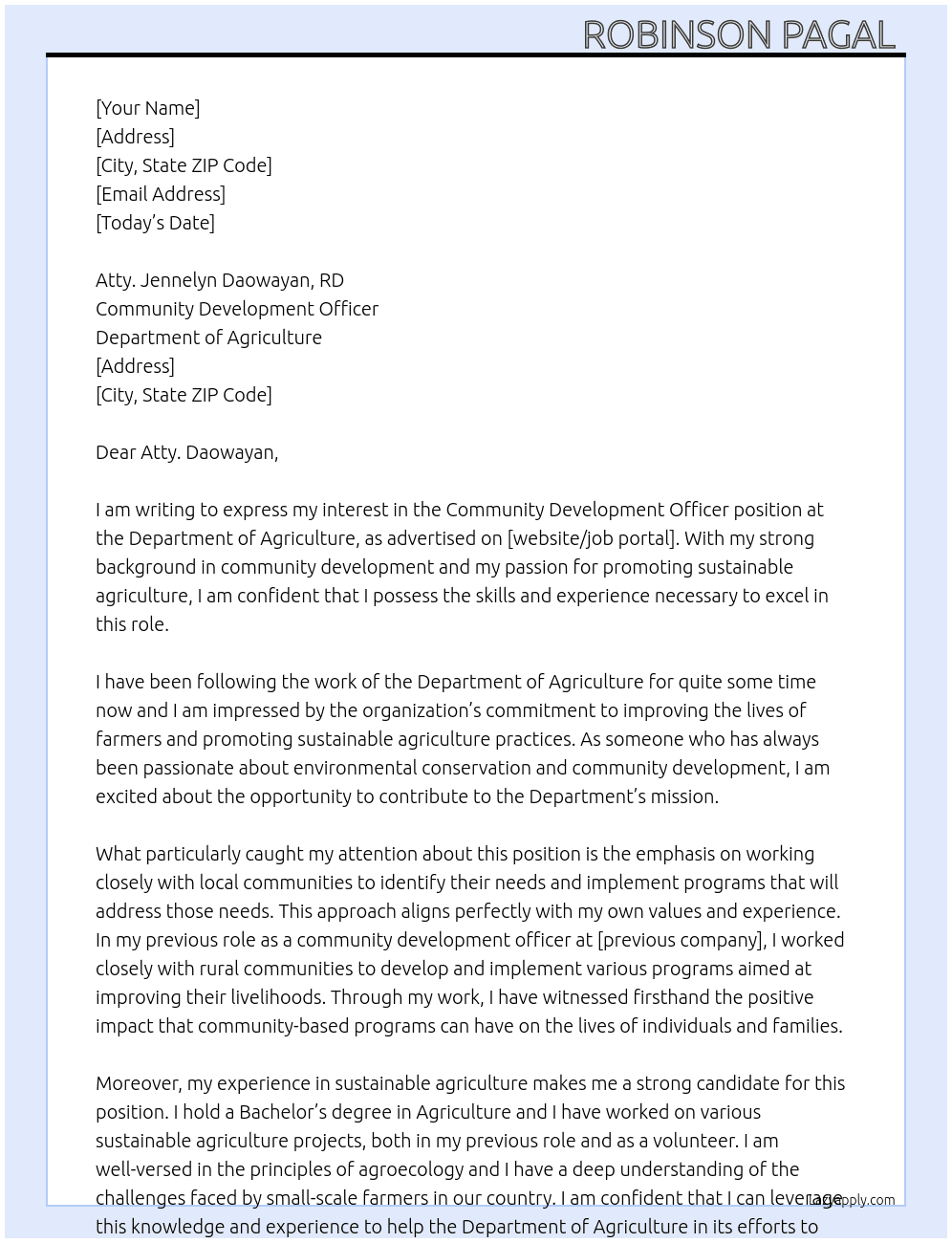 Community development Officer At Department of Agriculture  Cover Letter