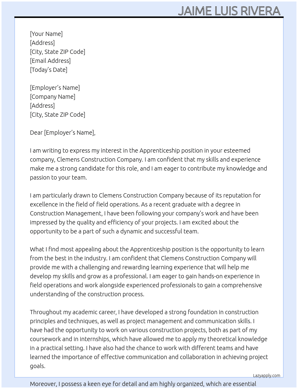 Apprenticeship  At Clemens construction company  Cover Letter