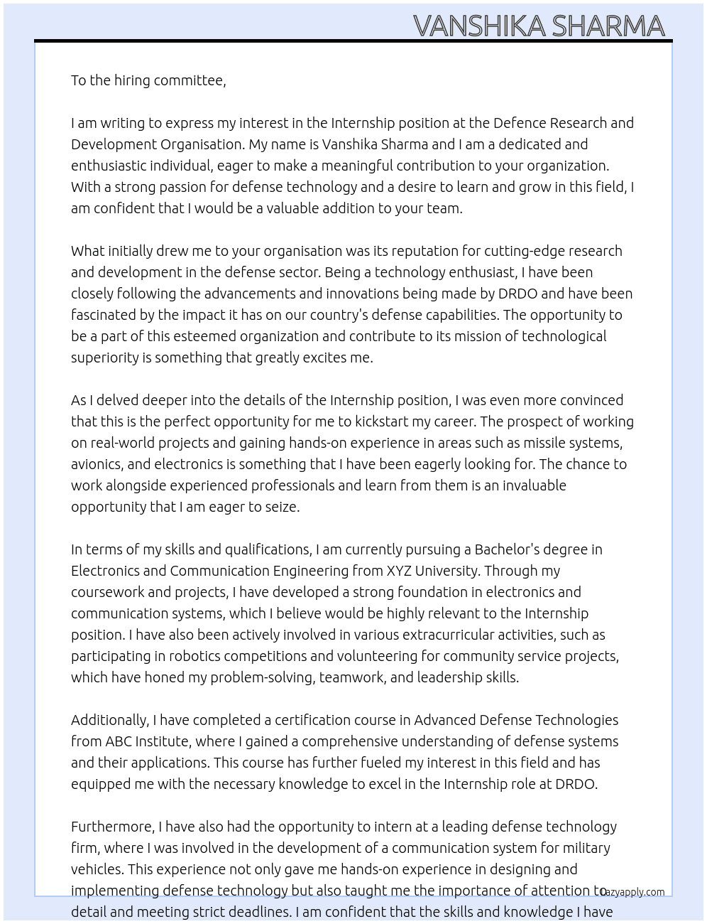 Internship  At Defence research and development organisation  Cover Letter