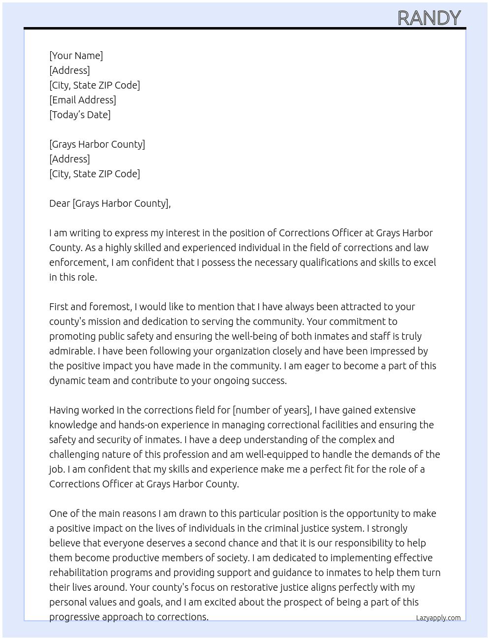 Corrections officer  At Grays Harbor County Cover Letter