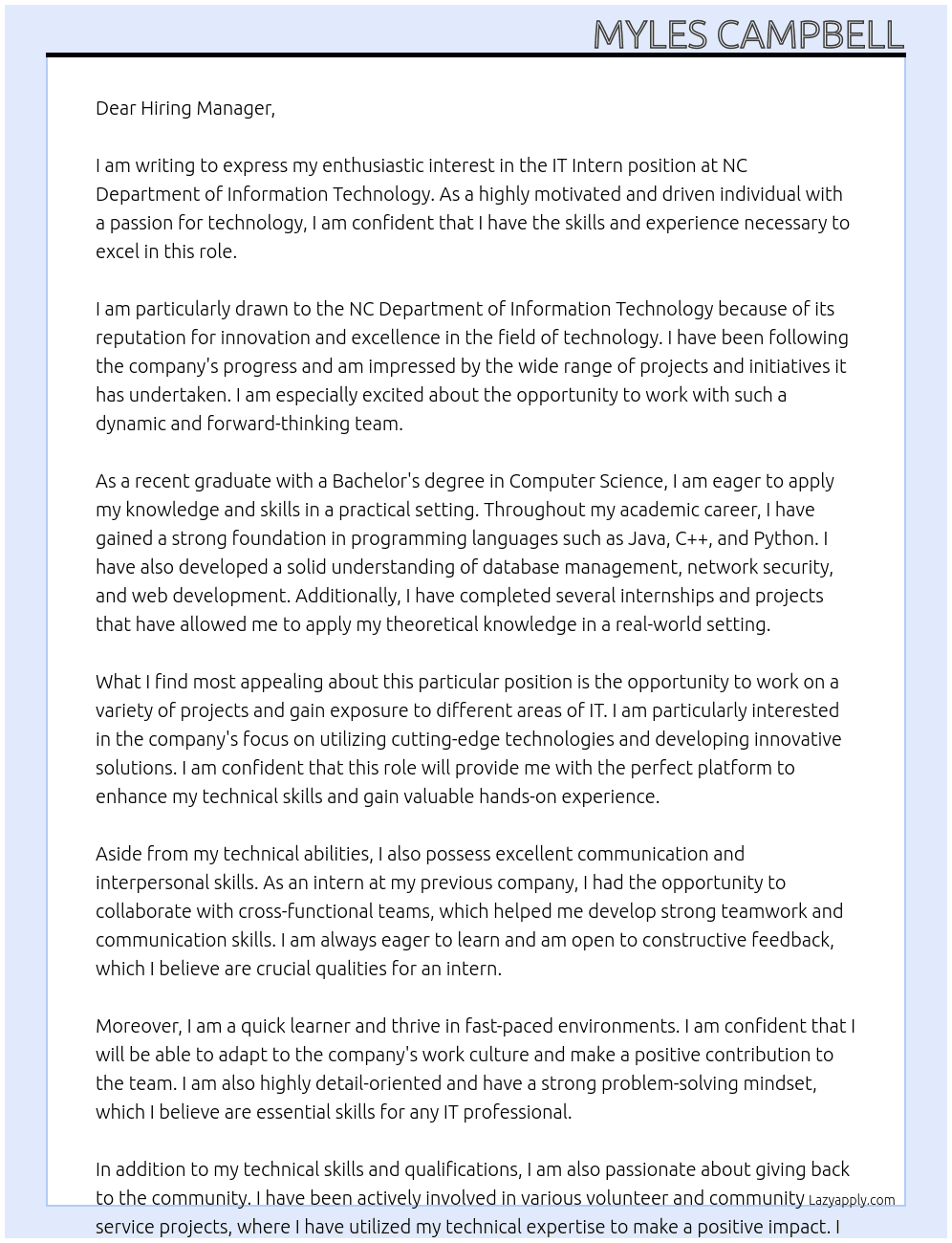IT Intern At NC Department of Information Technology Cover Letter