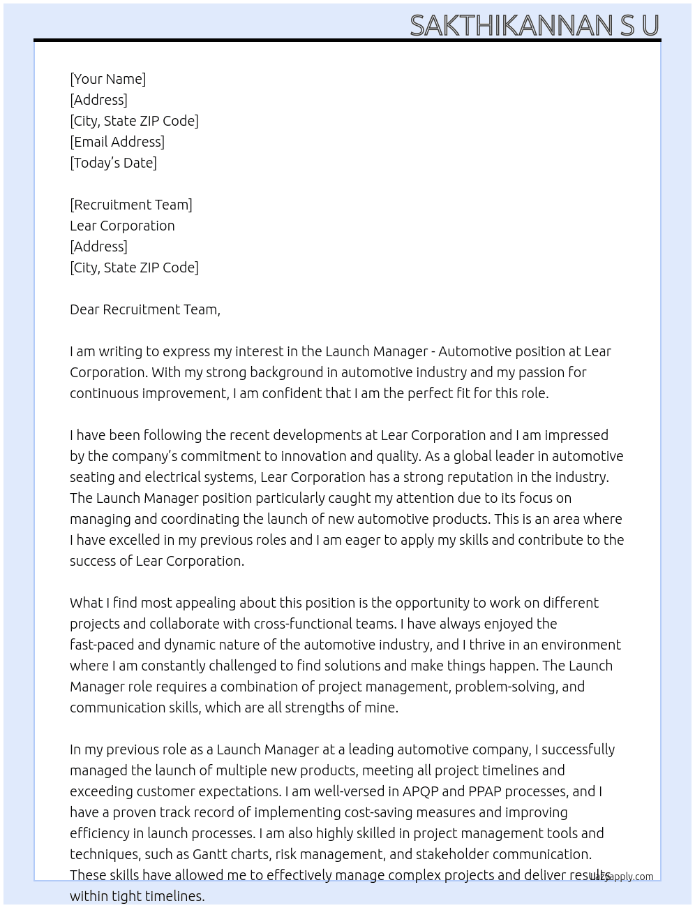 Cover letter for launch manager - automotive - LazyApply