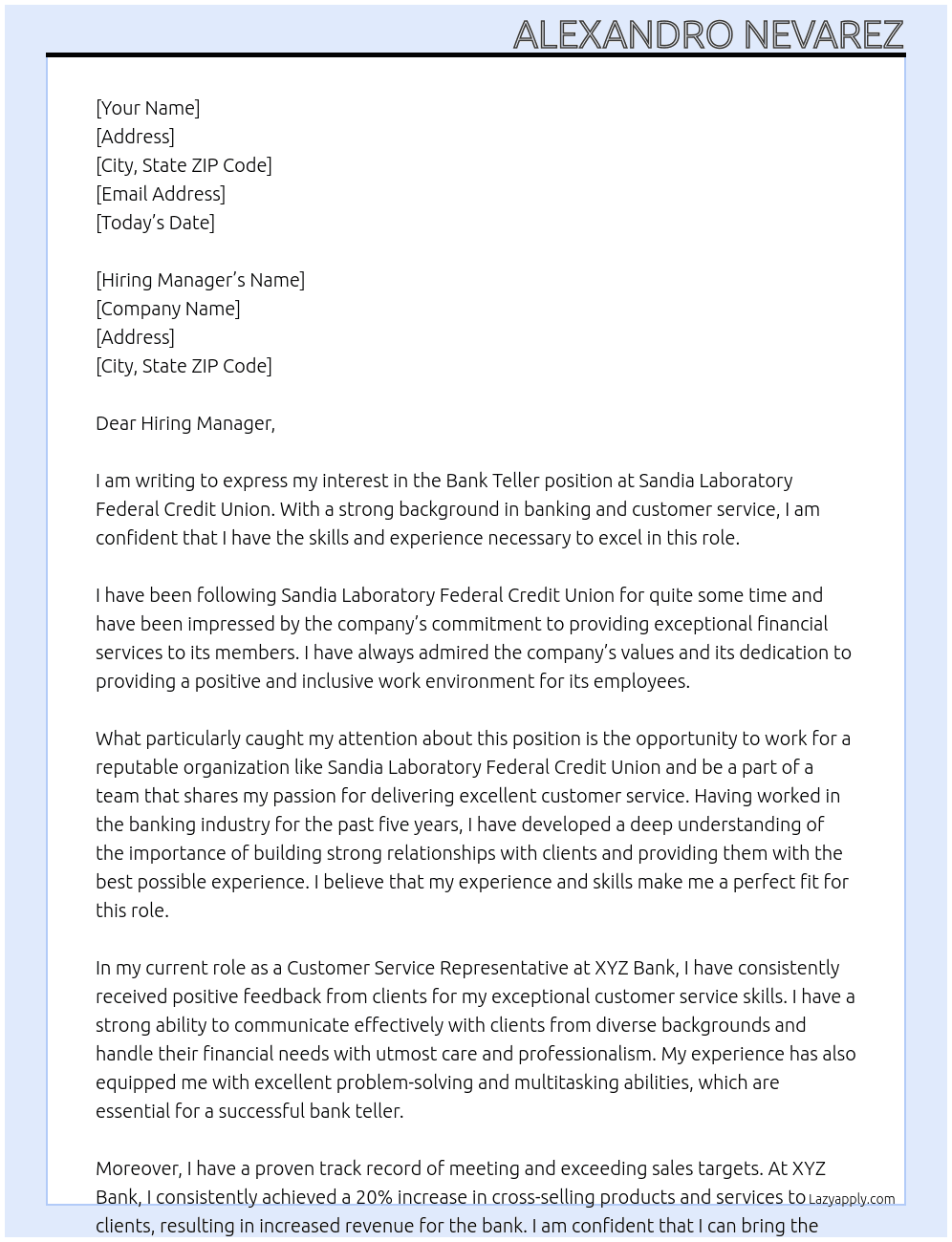 Bank Teller At Sandia Laboratory Federal Credit Union  Cover Letter