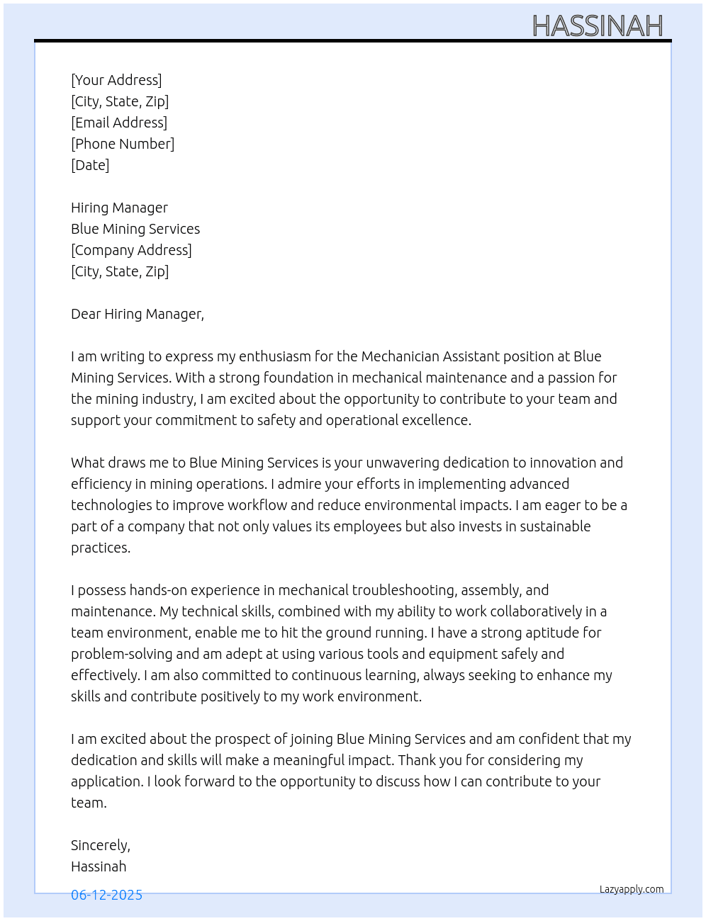Mechanician Assistant  At Blue Mining services Cover Letter