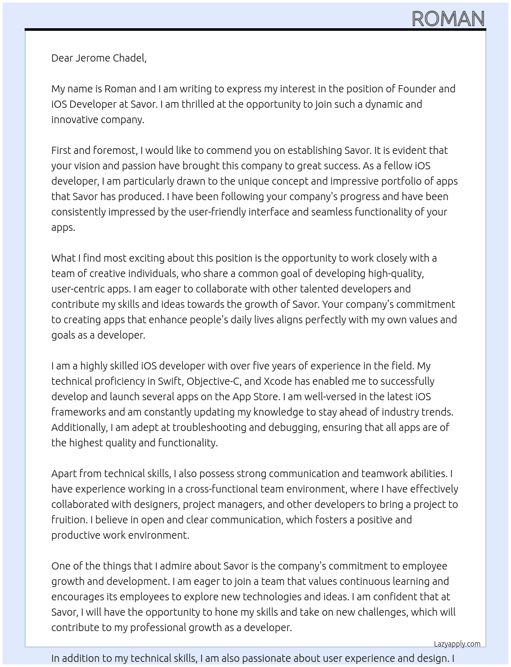 Founder, iOS Developer At Savor Cover Letter