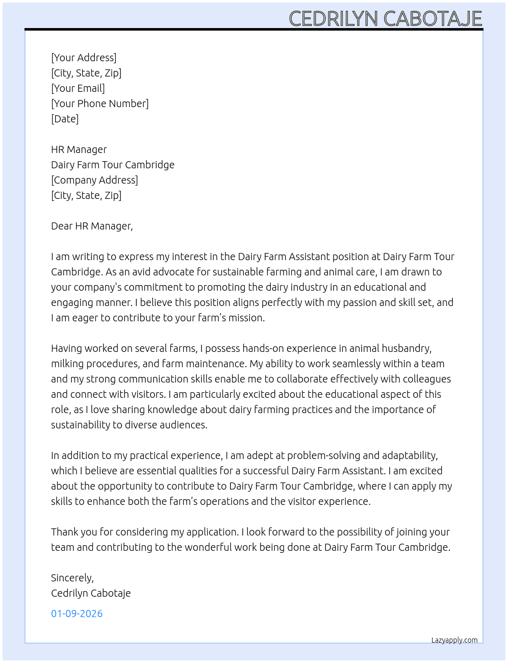 Dairy Farm assistant  At Dairy Farm Tour Cambridge Cover Letter