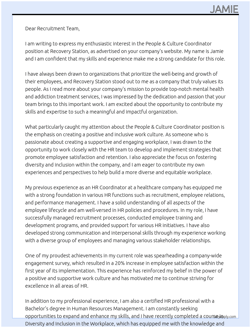 People & Culture Coordinator At Recovery Station Cover Letter
