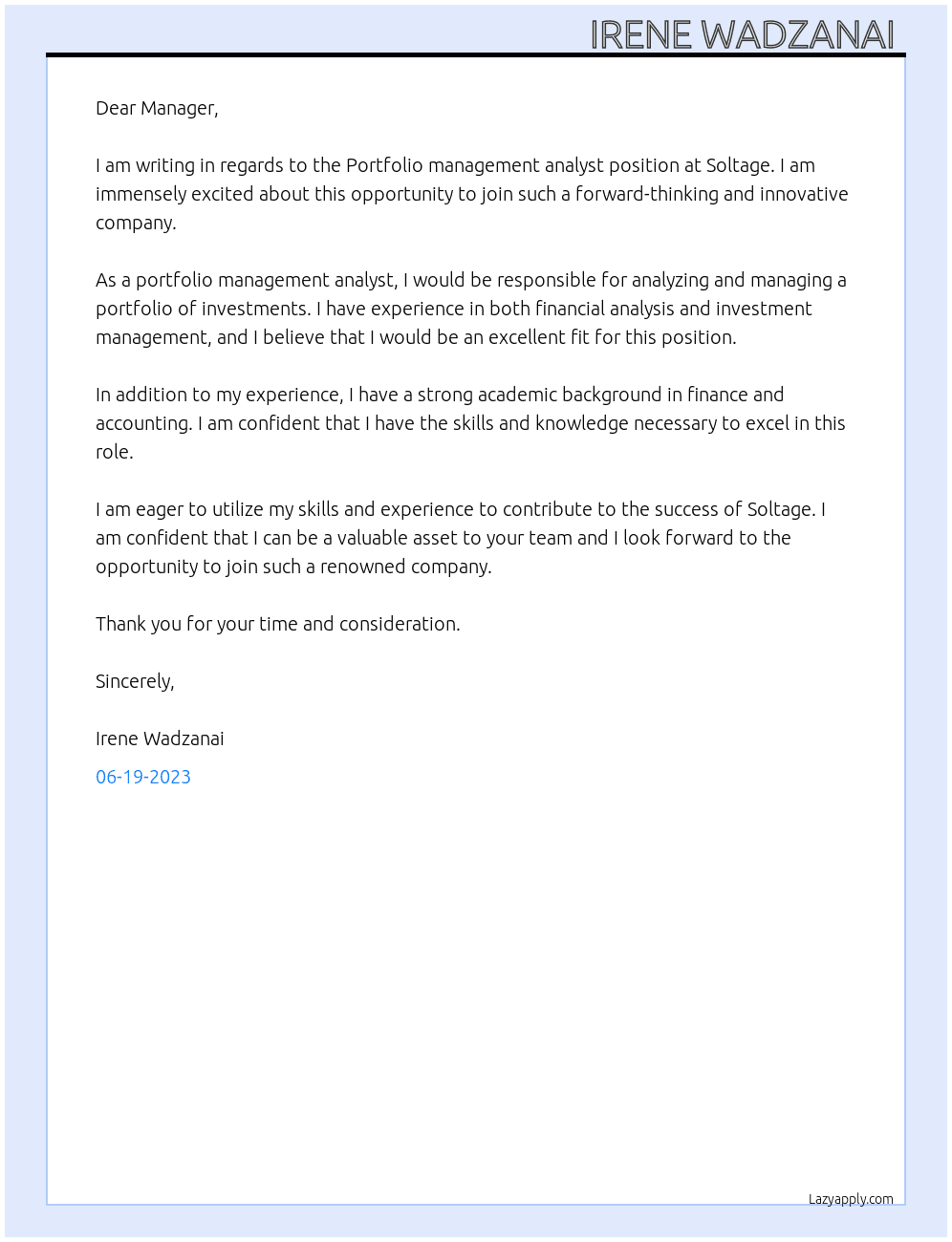 Portfolio management analyst  At Soltage Cover Letter
