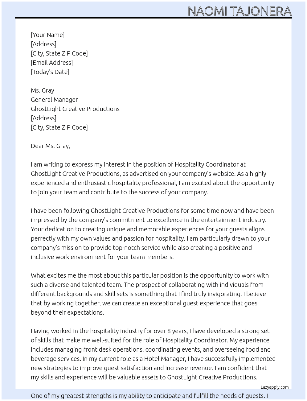 HOSPITALITY COORDINATOR At GhostLight Creative Productions Cover Letter