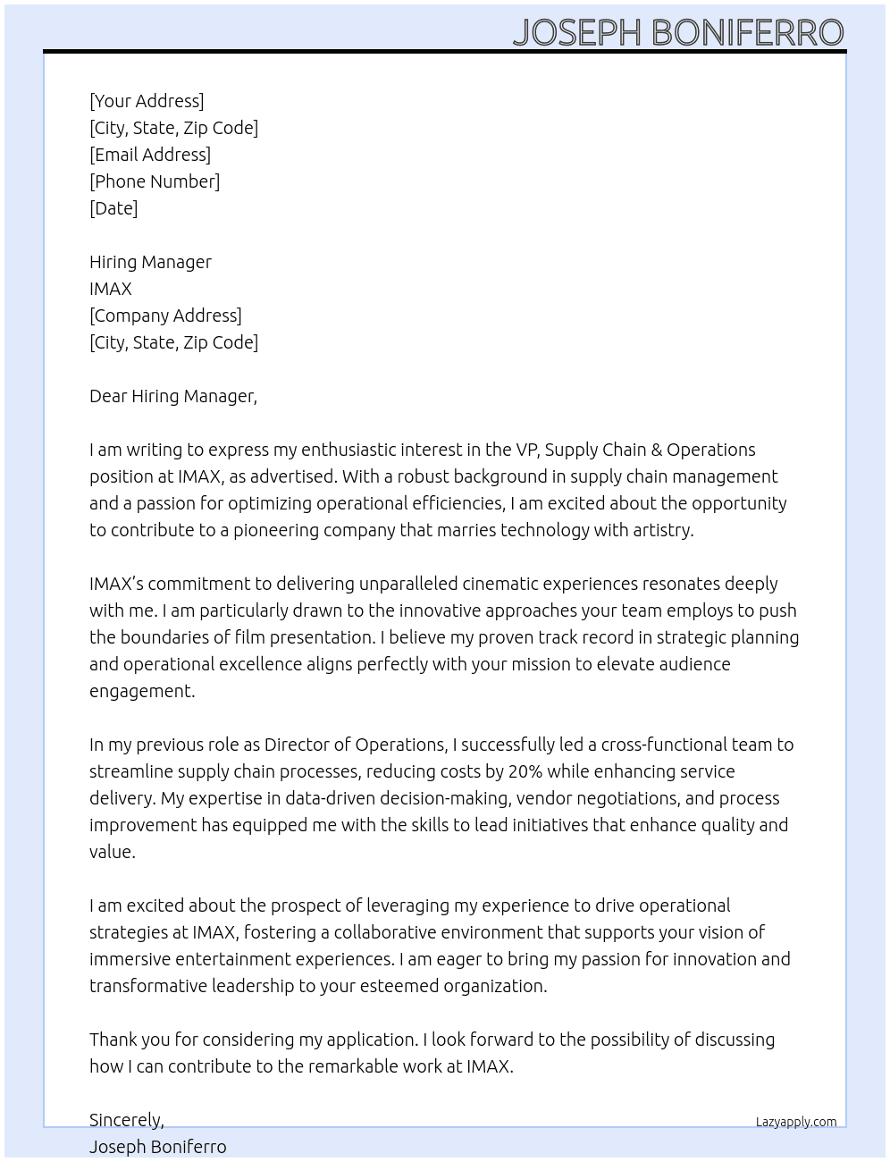 VP, Supply Chain & Operations At IMAX Cover Letter