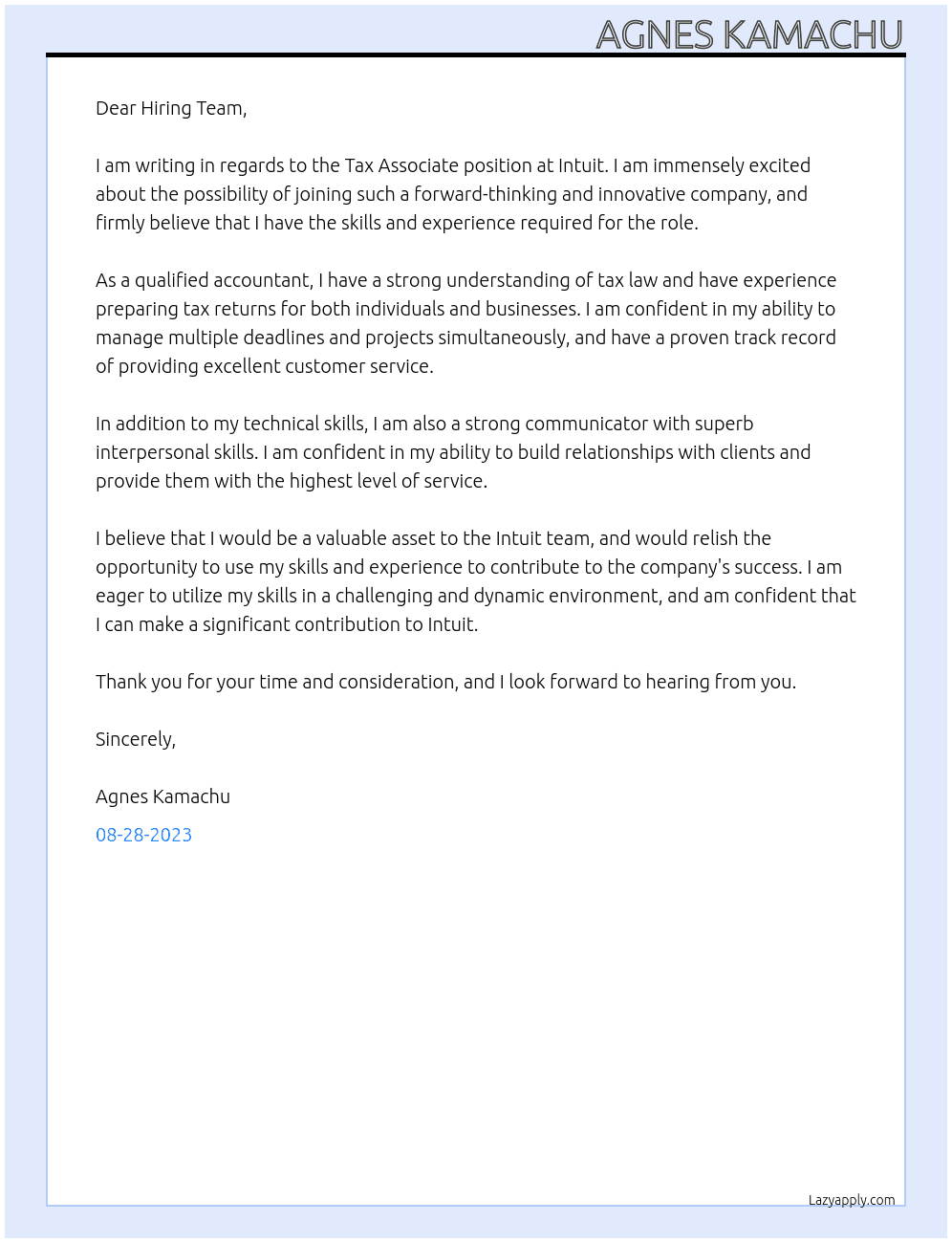 TAX ASSOCIATE At INTUIT Cover Letter
