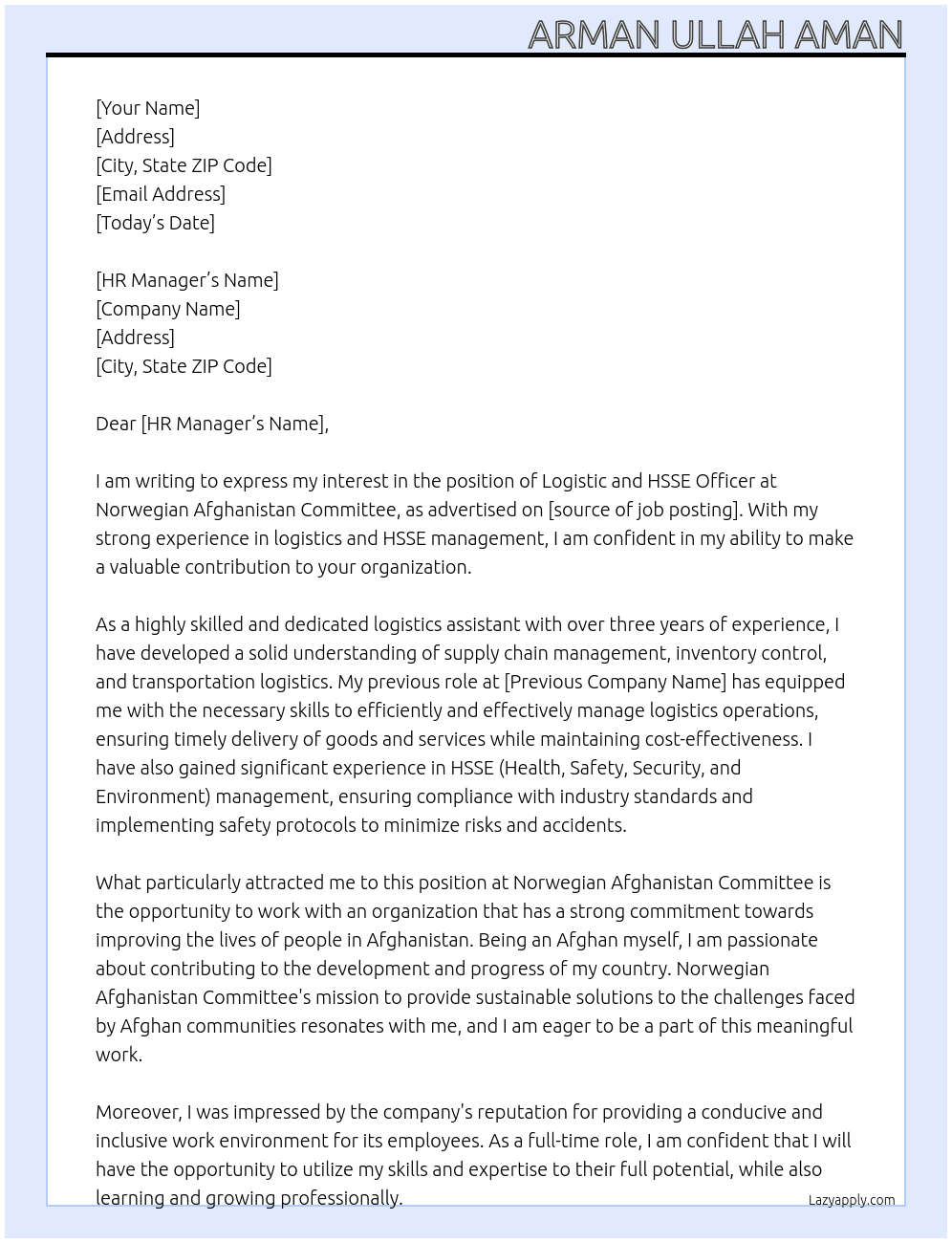Logistic and HSSE Officer At Norwegian Afghanistan Committee Cover Letter