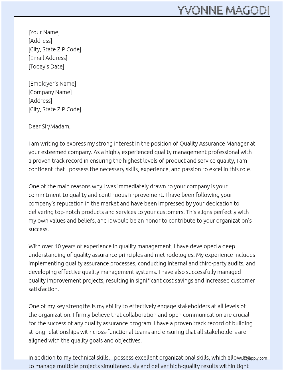 Quality Assurance Manager At you company  Cover Letter
